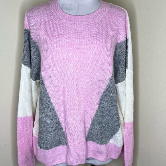 Halogen Sweater Large Womens Pink Gray Colorblock Knit Crewneck Pullover Striped - Picture 1 of 7
